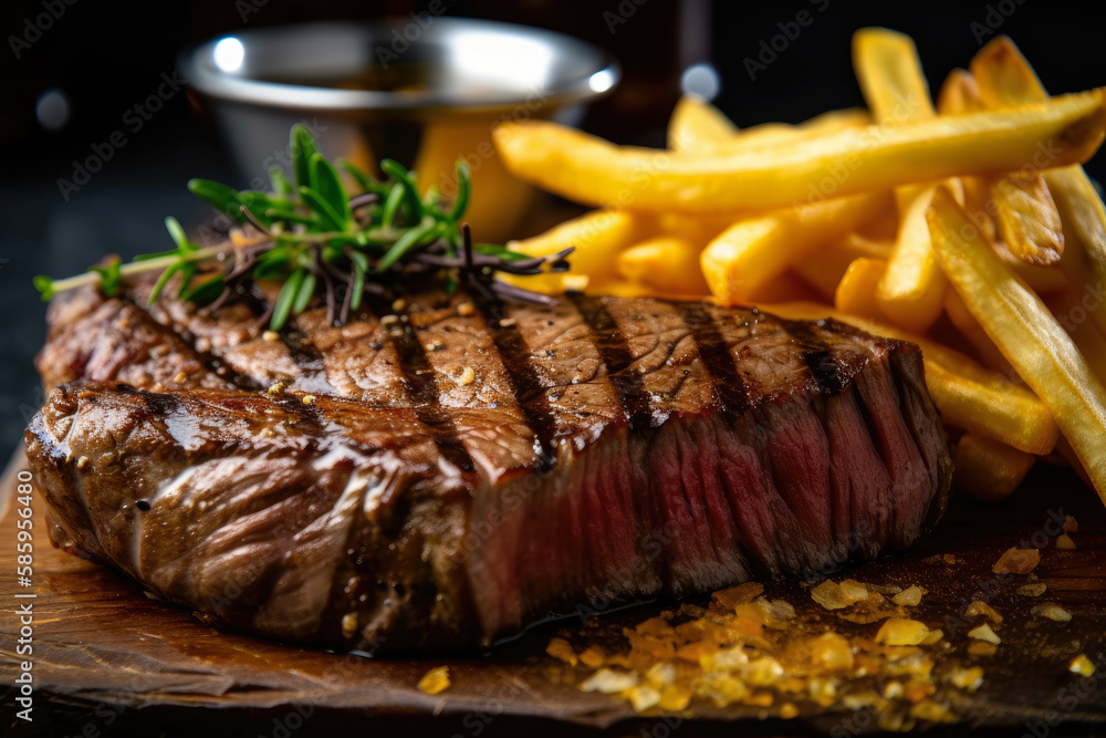 mouthwatering closeup of steak frites cooked to perfection, with