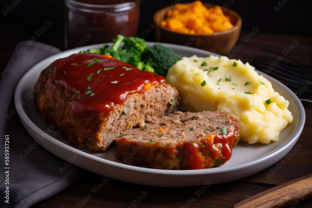 Meatloaf stuffed with gooey melted cheese and served with a side of creamy mashed sweet potatoes, generative ai Meatloaf stuffed with gooey melted cheese and served with a side of creamy mashed sweet potatoes, generative ai