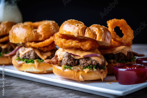 Meatloaf sliders with a spicy chipotle mayo and crispy onion rings on top, served on a toasted brioche bun, generative ai