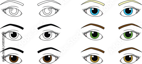 Eyes and Eyebrow Graphic Set - Outline, Silhouette and Color