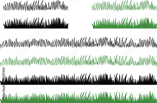 Grass Lawn Strip Clipart Set - Outline, Silhouette and Color