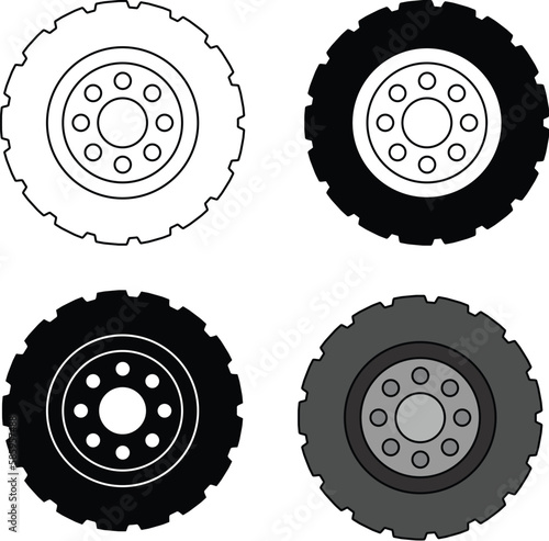 Large Tire Wheel Clipart Set - Outline, Silhouette & Color
