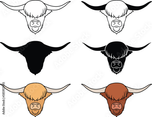Highland Cattle Cow Head with Long Horns - Clipart Set