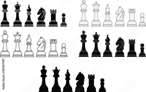 Chess Pieces Clipart Set - Outline, Silhouette & Color