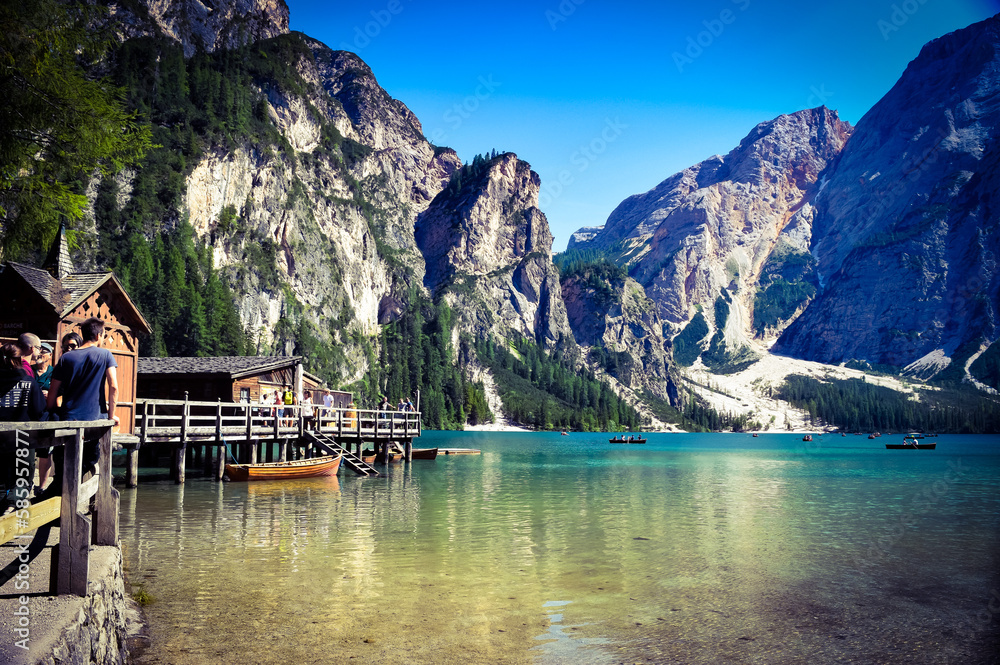 Lake Braies with small boats