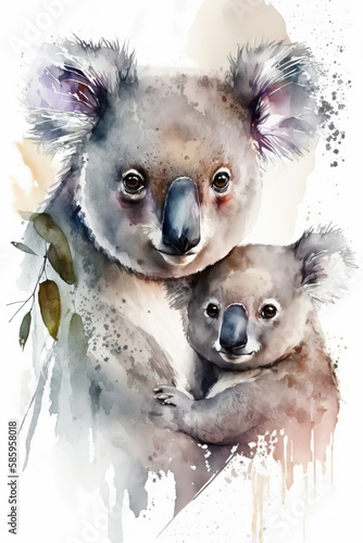 Generative AI. Koala bear and her cub. Watercolor. Animal illustration.