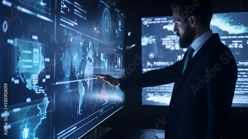 a man standing in front of a futuristic digital holographic screen and adjusting some parameters, cyber security, threat investigation, digital forensic investigation, generative ai