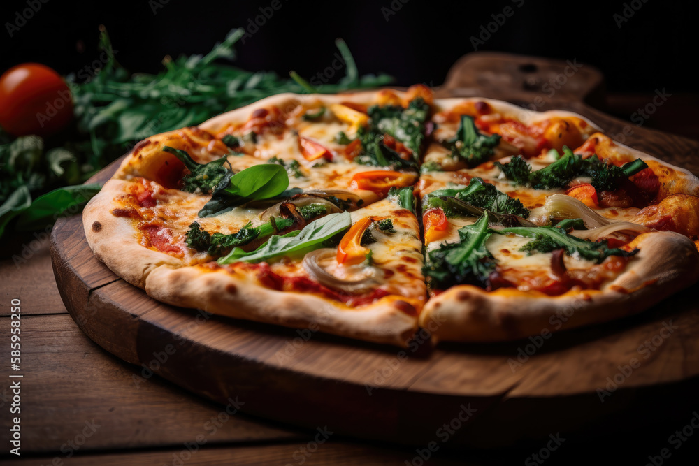 Macro shot of gourmet pizza loaded with fresh vegetables and herbs on a rustic wooden board, generative ai