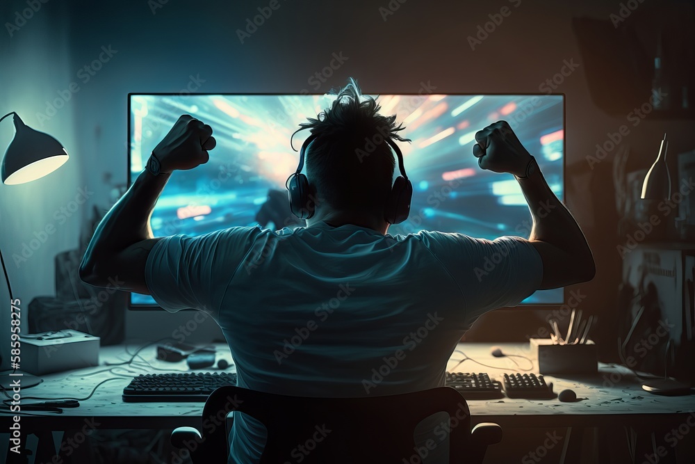 Gamer rejoices in the victory in game room. Generative AI Gamer rejoices in the victory in game room. Generative AI
