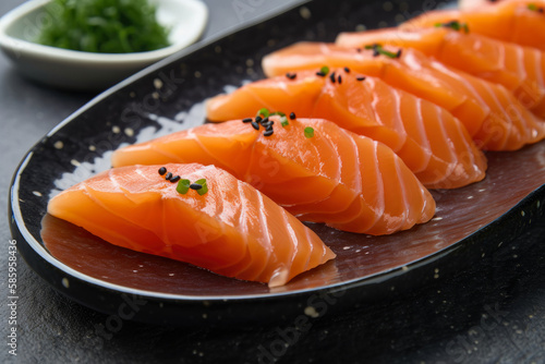 Macro shot of fresh Sashimi salmon pieces with seaweed and sesame seeds on a white plate  generative ai