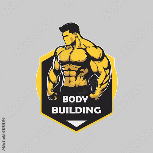 Fitness gym badge or emblem vector illustration. Man bodybuilder silhouette for t-shirt, print stamp. Retro logo design.