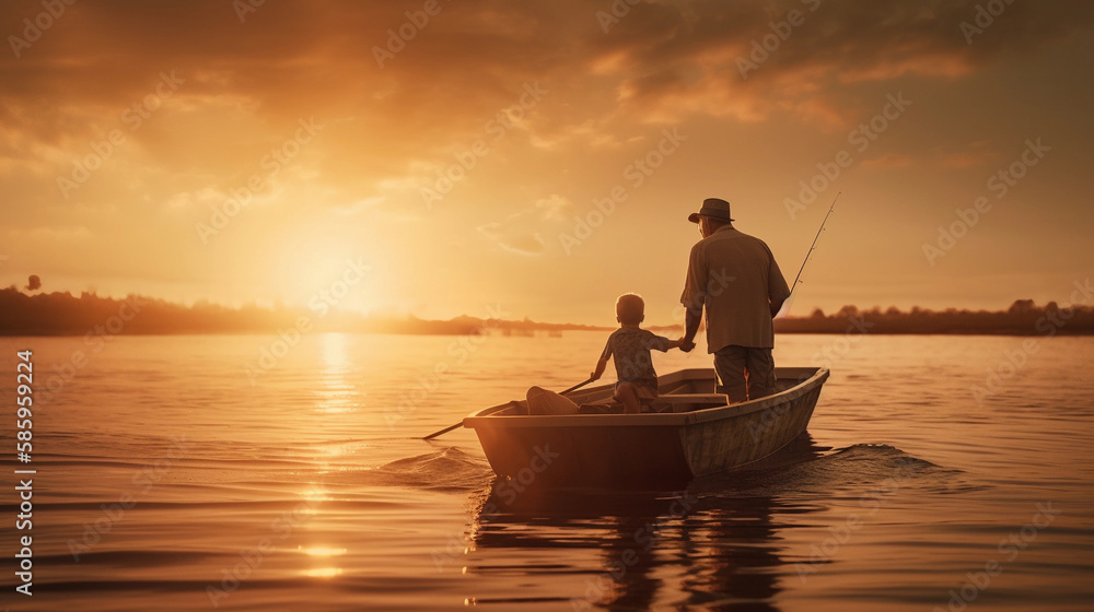 a father and son go fishing at sunset, Generative AI