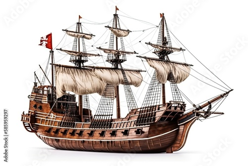 This is a miniature replica of a classic galleon ship from the 16th century. It has detailed and realistic design elements and is isolated on a white background.