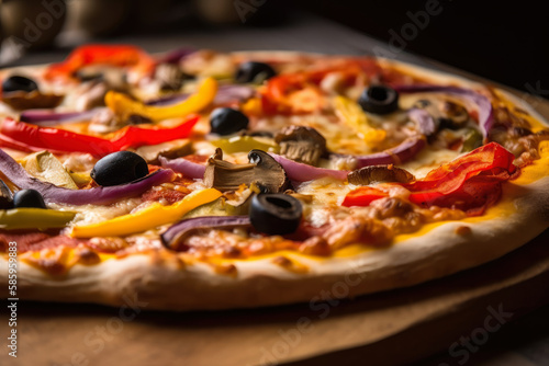 Macro shot of a vegetable pizza with mushrooms  onions  bell peppers  and olives on a wooden table  generative ai