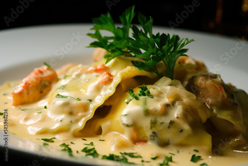 Macro shot of a single ravioli pasta stuffed with lobster and shrimp in a creamy sauce garnished with parsley, generative ai