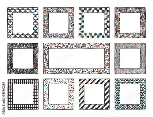 Patterned frames Vector set. Hand Drawn doodle Frames with abstract ornaments for Photo, Pictures or Text