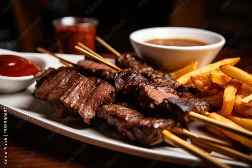 Macro shot of a platter of juicy Churrasco skewers with a side of crispy yucca fries and spicy dipping sauce, generative ai