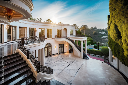 Villa in Beverly Hills, California. Holiday in Los Angeles. Luxyry villa room interior house in Beverly Hills. Modern interior apartment buildings, Facade exterior design. Ai generative illustration.