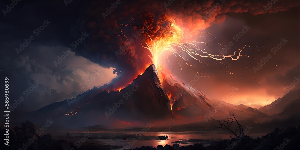 Volcano erupting, earthquake and natural disaster, huge smoke cloud and