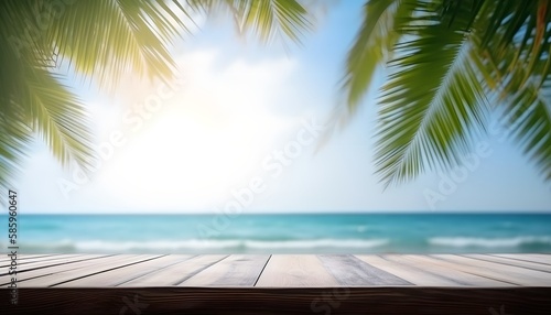 Wood table top with seascape and palm leaves  beautiful view tropical beach background  generative ai
