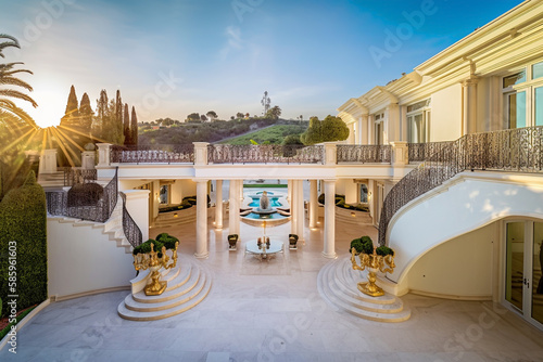 Villa in Beverly Hills, California. Holiday in Los Angeles. Luxyry villa room interior house in Beverly Hills. Modern interior apartment buildings, Facade exterior design. Ai generative illustration.