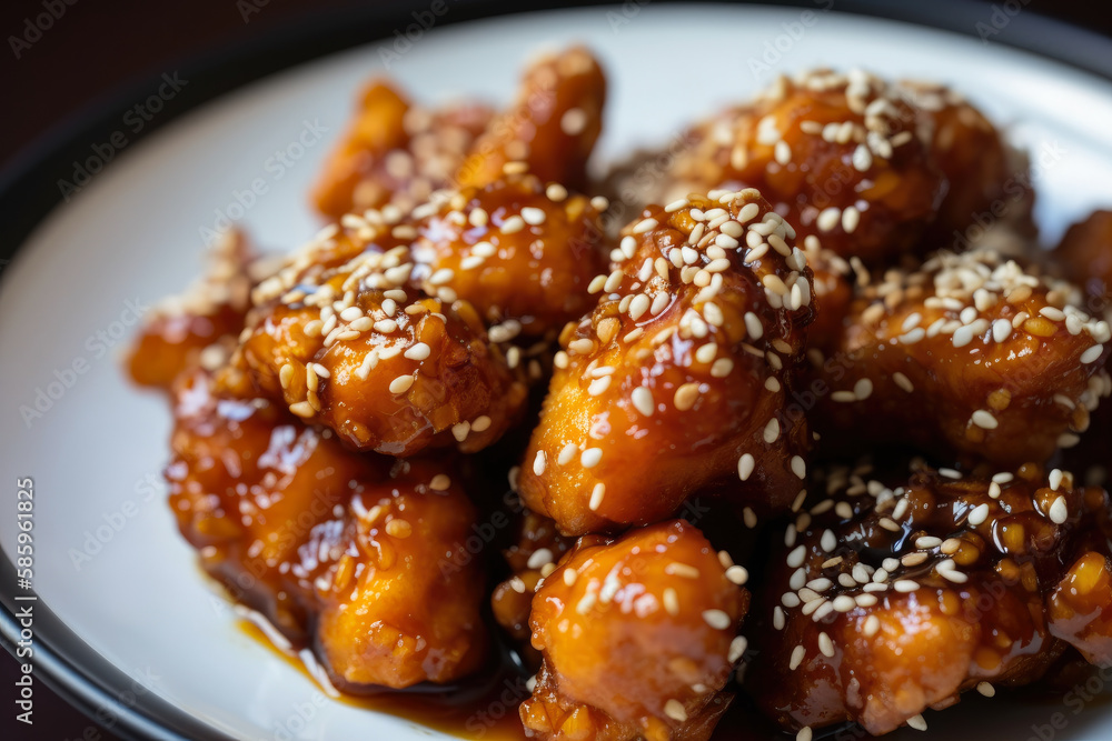 Macro shot of a bowl of Korean-style fried chicken bites coated in a sticky and sweet soy-garlic sauce with sesame seeds on top, generative ai Macro shot of a bowl of Korean-style fried chicken bites coated in a sticky and sweet soy-garlic sauce with sesame seeds on top, generative ai
