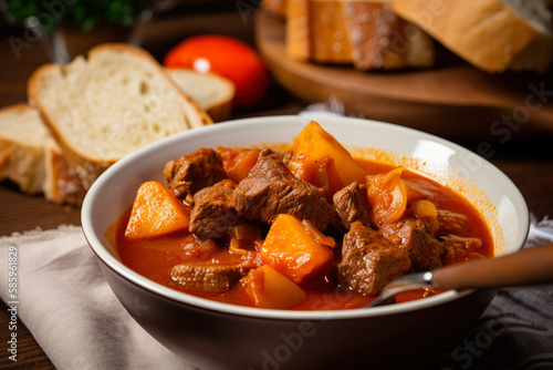 Macro shot of a bowl of goulash with beef, potatoes, and carrots, simmered in a rich and flavorful tomato-based sauce, served with a slice of crusty bread, generative ai