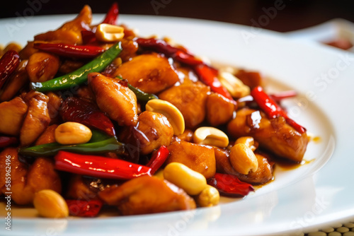 Kung Pao Chicken with crispy, golden-brown chicken pieces, stir-fried with dried red chili peppers and roasted peanuts, generative ai