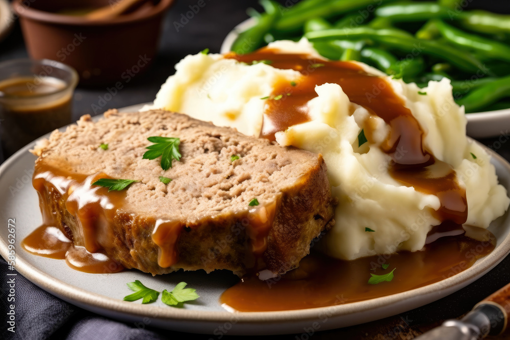 Juicy slices of homemade meatloaf topped with savory gravy and served with a side of creamy mashed potatoes and green beans, generative ai