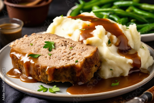 Juicy slices of homemade meatloaf topped with savory gravy and served with a side of creamy mashed potatoes and green beans, generative ai photo