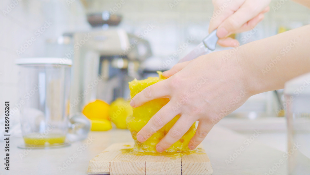 Young woman slicing a pineapple on a wooden cutting board in a kitchen surrounded by other fruits and a blender. She prepares a healthy, vitamin-rich and refreshing smoothie in one mixer.
