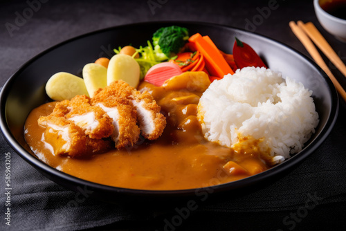 Juicy Chicken Katsu Curry with a medley of colorful vegetables, served in a deep bowl over a bed of warm rice, generative ai