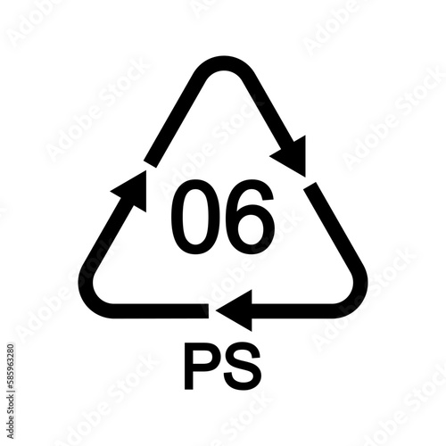 Polystyrene recycling sign in triangular shape with arrows. 06 PS plastic reusable icon isolated on white background. Environmental protection concept