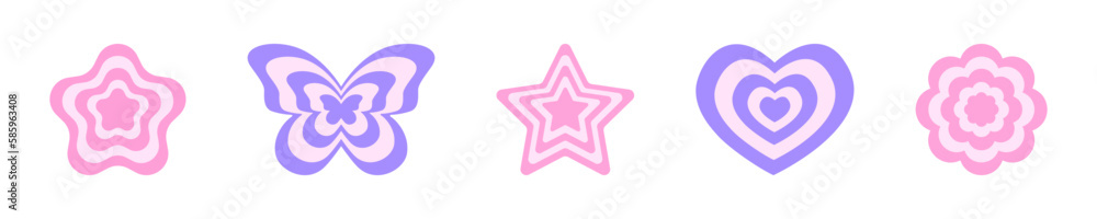 Repeating flower, butterfly, star and heart icons in y2k retro style. 2000s design objects in pastel colors. Cute girly vintage stickers isolated on whiyte background. Vector flat illustration Repeating flower, butterfly, star and heart icons in y2k retro style. 2000s design objects in pastel colors. Cute girly vintage stickers isolated on whiyte background. Vector flat illustration