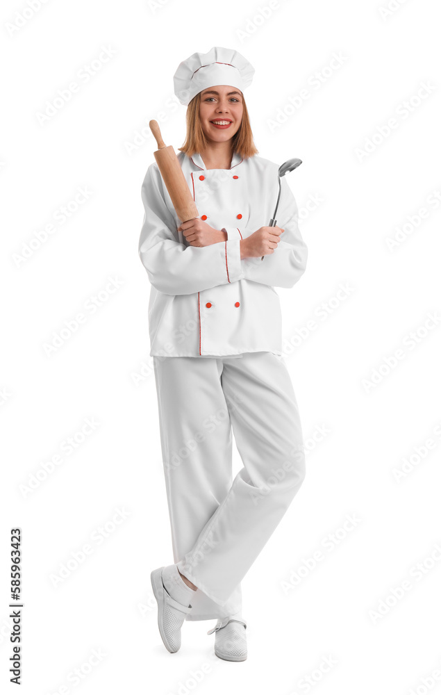 Female baker with ladle and rolling pin on white background Female baker with ladle and rolling pin on white background