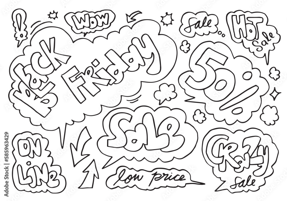 Hand drawn doodle speech bubbles set with sale elements.Vector illustration. Hand drawn doodle speech bubbles set with sale elements.Vector illustration.
