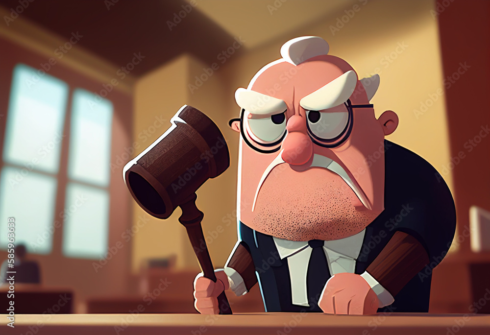 Cartoon character judge with a judge gavel in courtroom. Angry cartoon