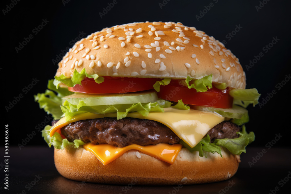 Juicy and succulent beef burger with melted cheese, fresh lettuce, and tomato on a sesame seed bun, generative ai Juicy and succulent beef burger with melted cheese, fresh lettuce, and tomato on a sesame seed bun, generative ai