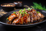 Juicy and succulent chicken teriyaki in a dark, glossy sauce, garnished with sesame seeds and green onions, generative ai