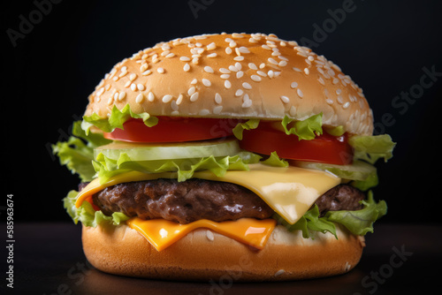 Juicy and succulent beef burger with melted cheese, fresh lettuce, and tomato on a sesame seed bun, generative ai