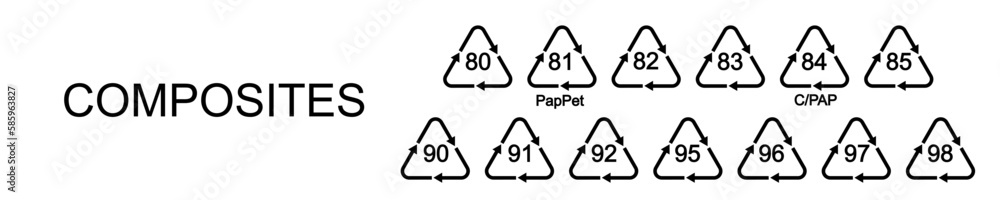 Set of composites recycling signs in triangular shapes with arrows. Reusable icons pack isolated on white background. Environmental protection concept Set of composites recycling signs in triangular shapes with arrows. Reusable icons pack isolated on white background. Environmental protection concept