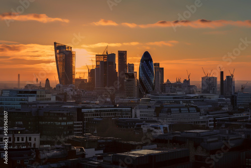 City of London skyscrapers. Banking district in city center of United Kingdom. London skyscraper at sunset. England, UK. Cityscape financial district. Willis Building, Tower Exchange. AI Generative.