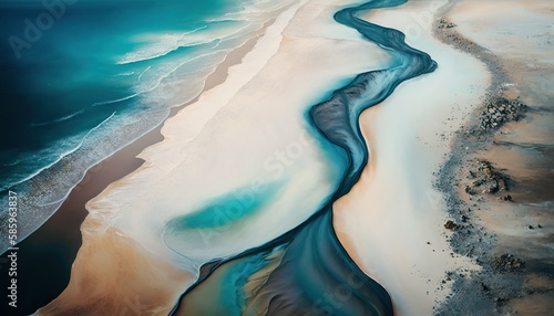 The world from above - generative aerial view of a wonderful coastal landscape with sea, sand, dunes and waves, Generative AI
