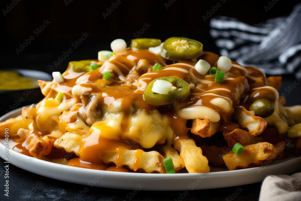 irresistible closeup shot of loaded poutine made with crispy waffle