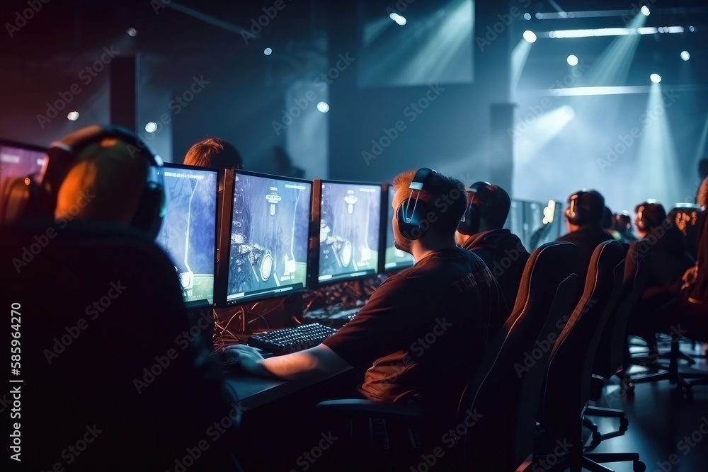 World Cup.Cybersport team involved in online tournament in gaming club . Team of professional cybersport gamers in gaming tournament Generative AI World Cup.Cybersport team involved in online tournament in gaming club . Team of professional cybersport gamers in gaming tournament Generative AI