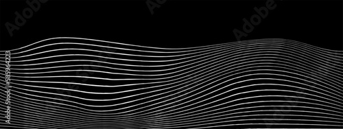 White undulate lines on black background. Winding stripes pattern. Sea, ocean, mountain or hills waving relief linear design. Vector graphic illustration
