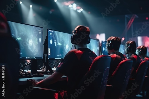 World Cup.Cybersport team involved in online tournament in gaming club . Team of professional cybersport gamers in gaming tournament Generative AI