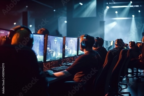 World Cup.Cybersport team involved in online tournament in gaming club . Team of professional cybersport gamers in gaming tournament Generative AI © ChaoticMind