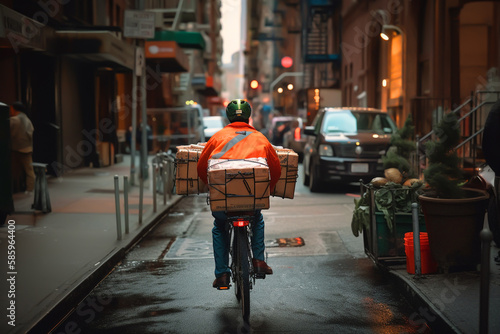 Deliveryman on Bicycle, back view. Courier on Bicycle in New York City. Delivery service, Deliveryman in uniform deliver order to customer.  photo