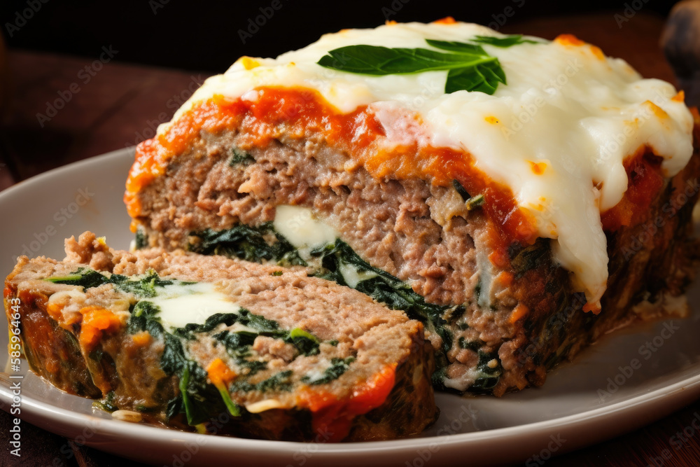 Hearty meatloaf stuffed with gooey mozzarella cheese and spinach, served with a side of creamy mashed sweet potatoes, generative ai Hearty meatloaf stuffed with gooey mozzarella cheese and spinach, served with a side of creamy mashed sweet potatoes, generative ai